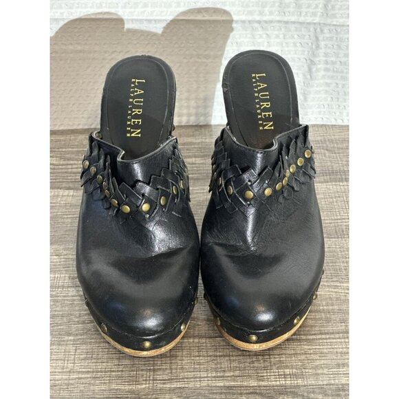 Lauren Ralph Lauren Women's Leather Black Mule Clogs SHAYLA Wood Heels Size 7.5 - Picture 1 of 16